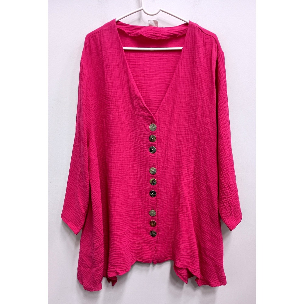 Et Lois Tunic Top Womens 2X Pink Gauze Button Front Boho Lagenlook Made in USA